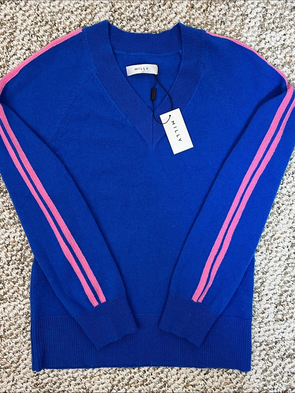 MILLY SWEATER V NECK COBALT BLUE WITH PINK STRIPES ON LONG SLEEVE WOOL BLEND SM